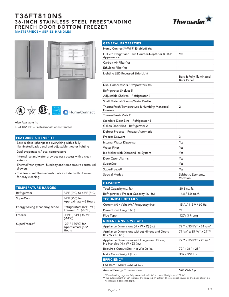 Page 1 of the manual Technical Sheet Thermador T36FT810NS