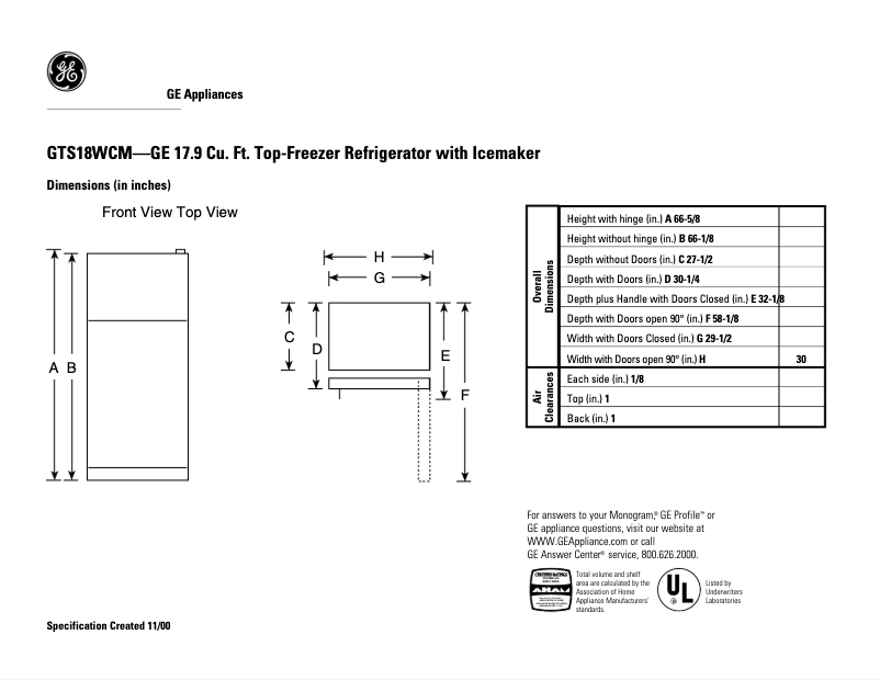 Page n°1 - Fiche technique GE GTS18WCMCC