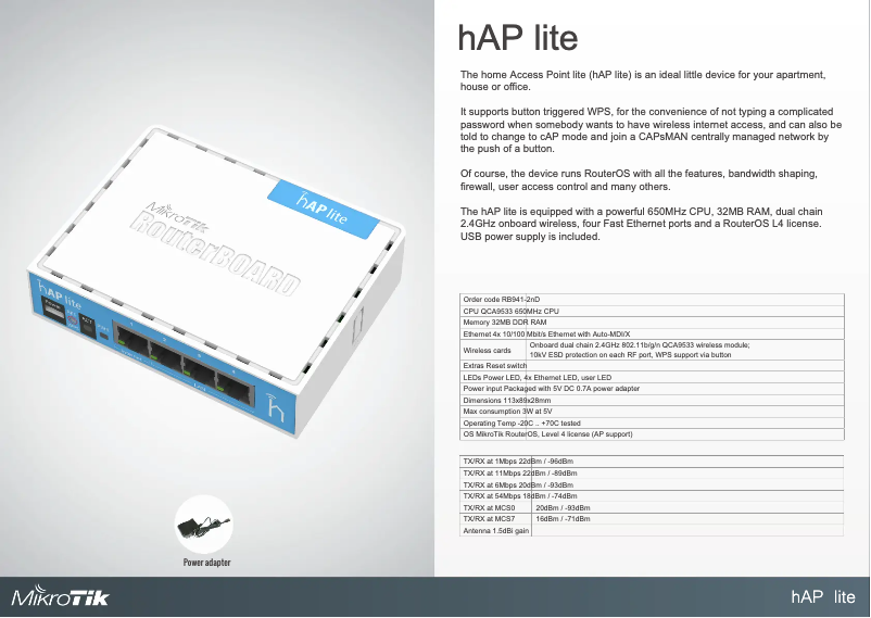 Page 1 de la notice Brochure Mikrotik hAP lite