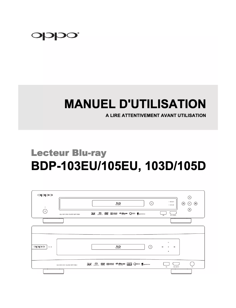 Page 1 de la notice Manuel utilisateur Oppo BDP-103D