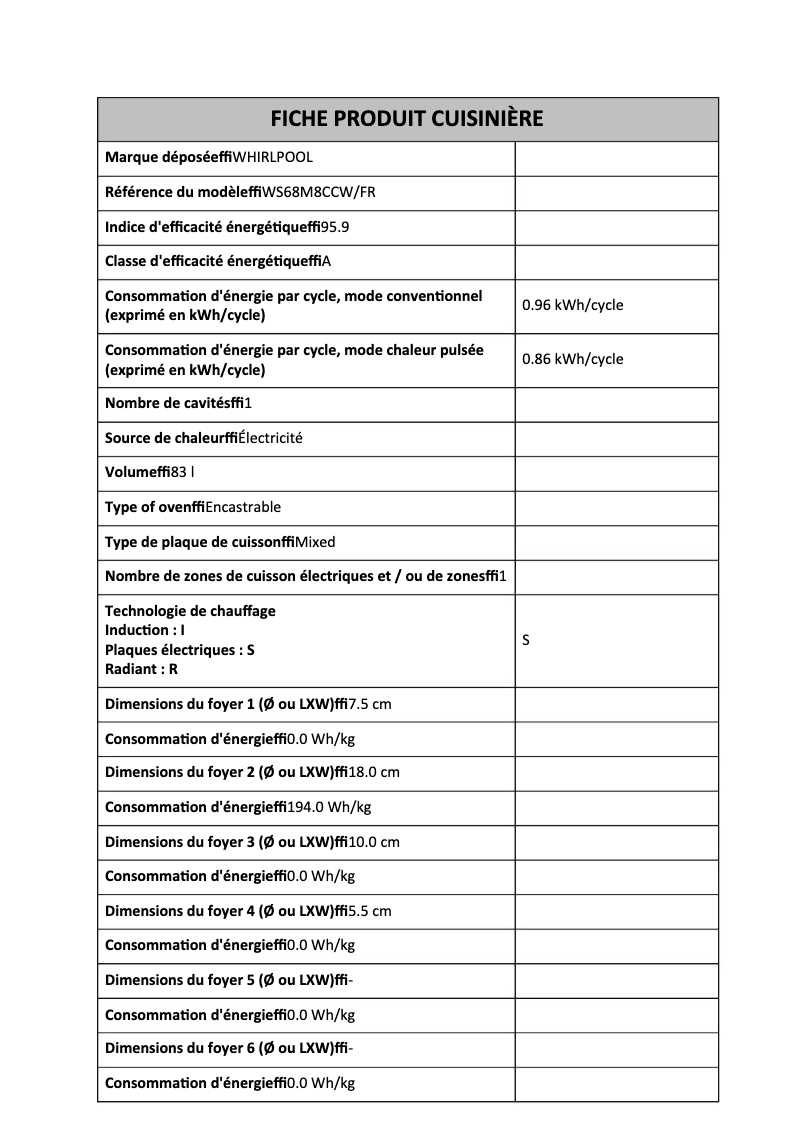 Page 1 de la notice Fiche technique Whirlpool WS68M8CCW