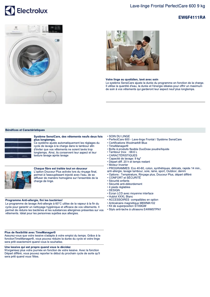 Page 1 de la notice Fiche technique Electrolux EW6F4111RA