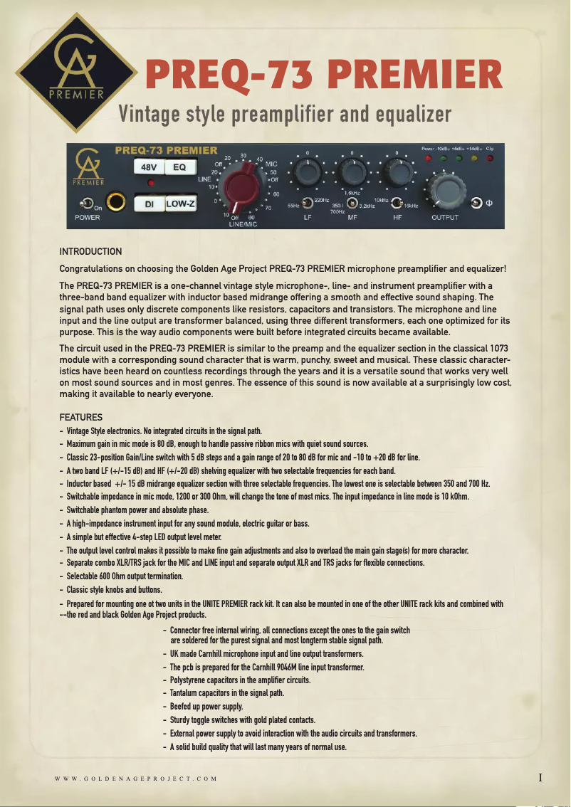 Page 1 de la notice Manuel utilisateur Golden Age Project PREQ-73 Premier