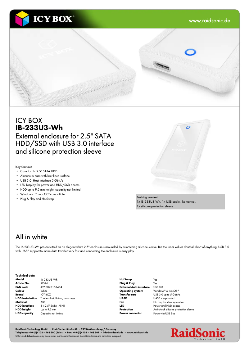 Page 1 de la notice Fiche technique Icy Box IB-233U3-WH