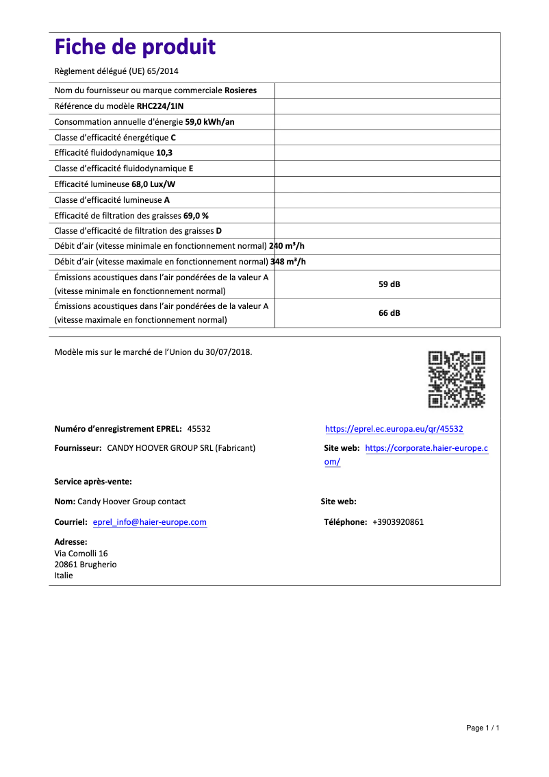 Page 1 de la notice Fiche technique Rosieres RHC 224/1 IN
