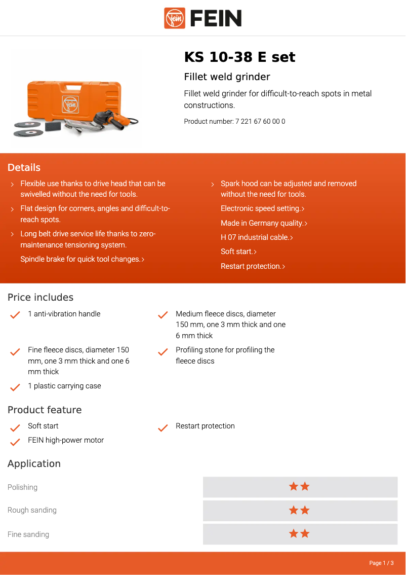 Page 1 de la notice Fiche technique Fein KS 10-38 E