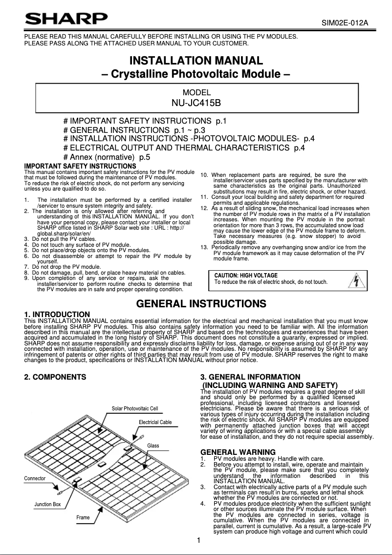 Page 1 de la notice Manuel utilisateur Sharp NU-JC415B