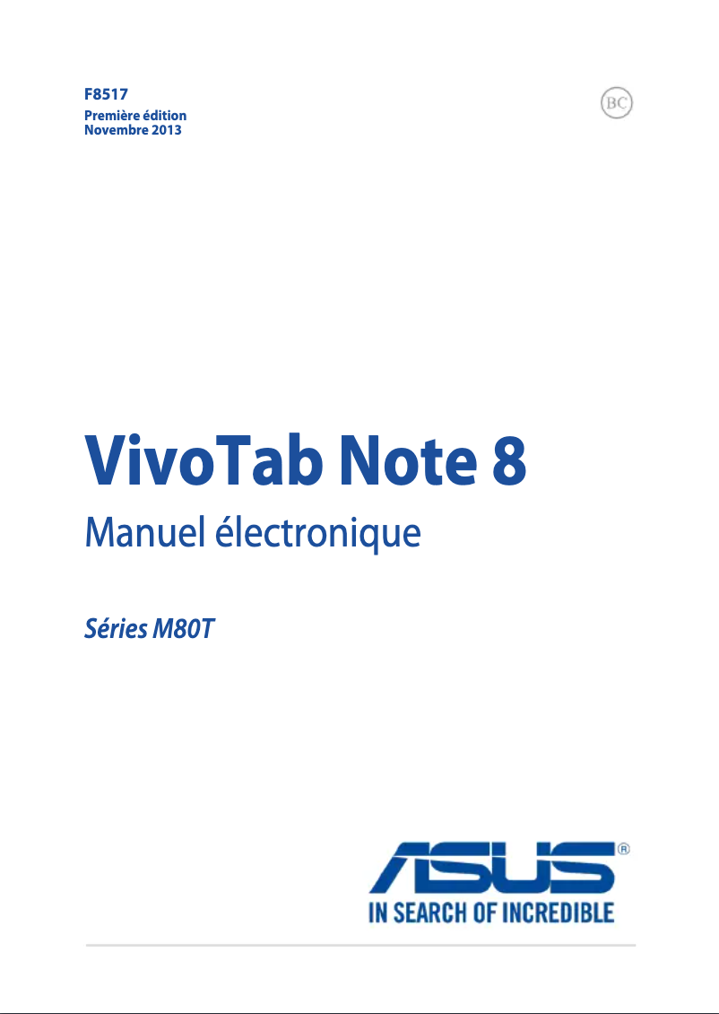 Page 1 de la notice Manuel utilisateur Asus VivoTab Note 8 M80TA