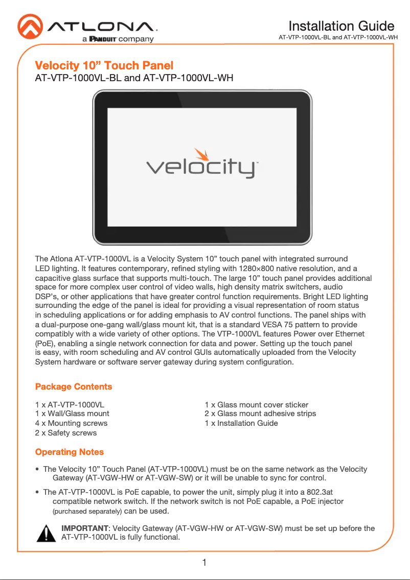 Page 1 of the manual Instruction Manual Atlona AT-VTP-1000VL
