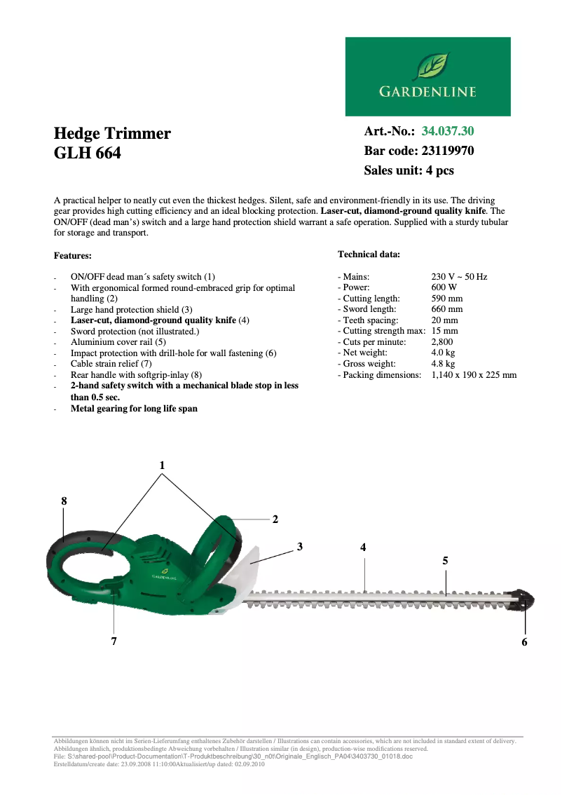 Page 1 de la notice Manuel utilisateur Gardenline GLH 664