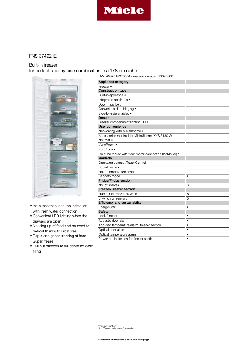 Página 1 del manual Ficha técnica Miele FNS 37492 iE