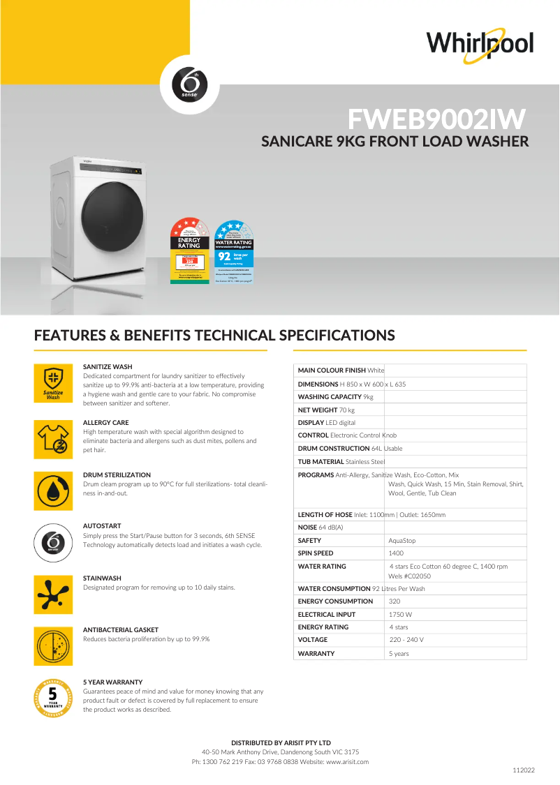 Página 1 del manual Ficha técnica Whirlpool FWEB9002IW