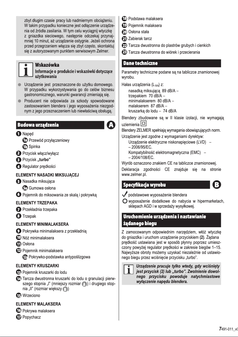 Page 1 de la notice Manuel utilisateur Zelmer ZHB1230B