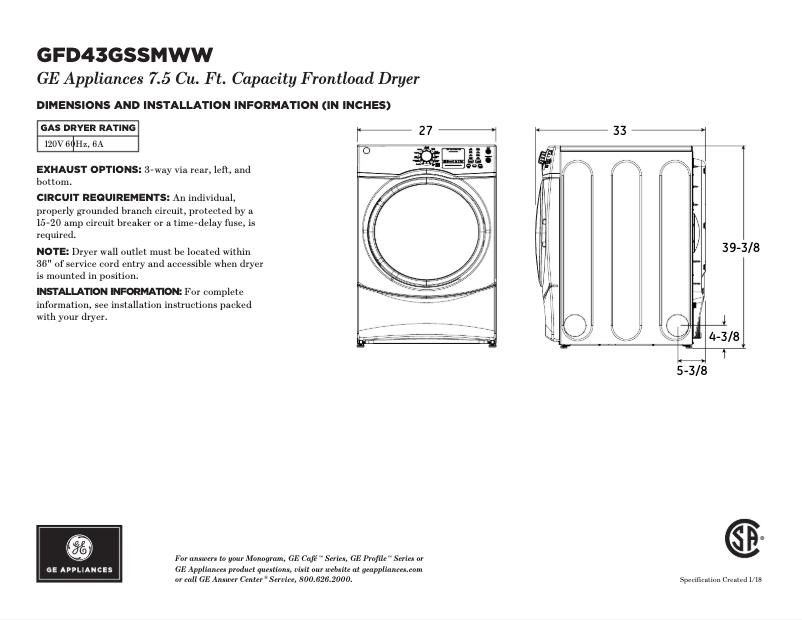 Page n°1 - Fiche technique GE GFD43GSSMWW