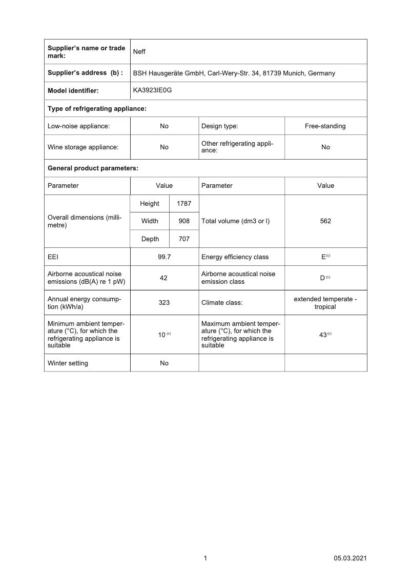 Page 1 of the manual Technical Sheet Neff KA3923IE0G