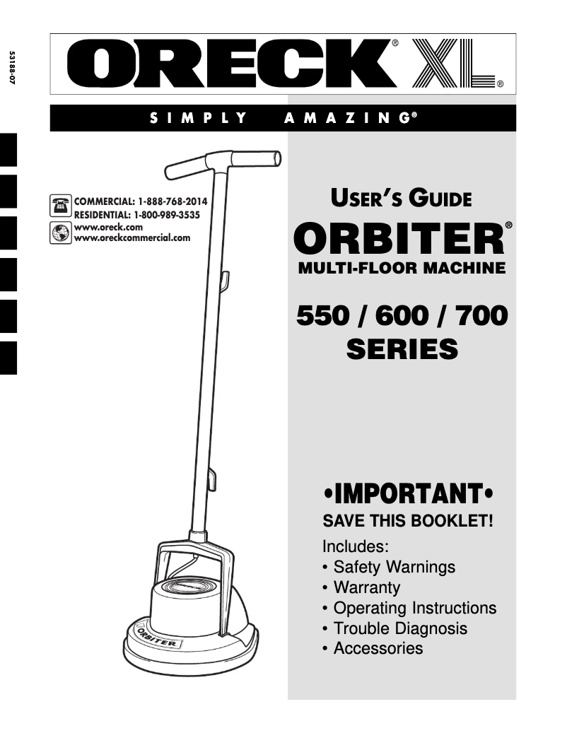 Page 1 de la notice Manuel utilisateur Oreck ORBITER ORB550MC