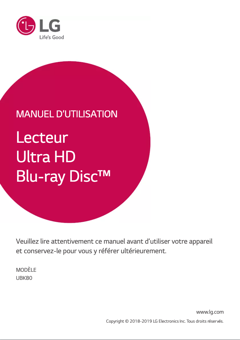 Page 1 de la notice Manuel utilisateur LG UBK80