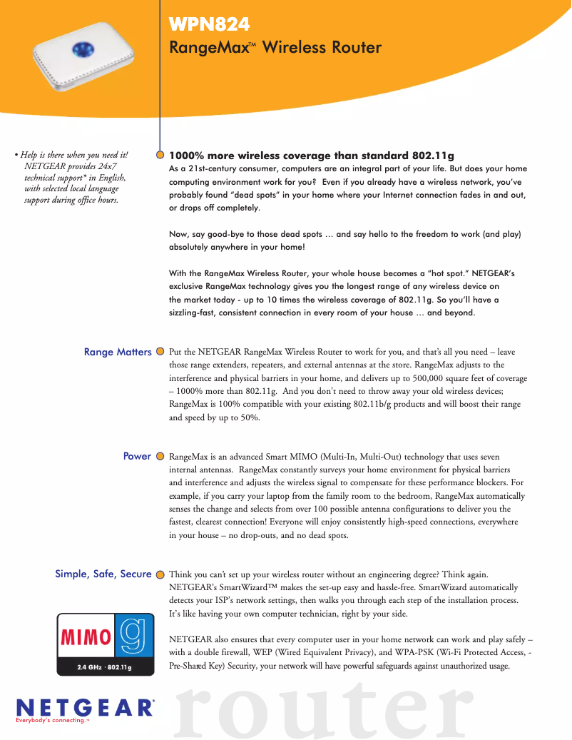Page 1 de la notice Fiche technique Netgear RangeMax WPN824