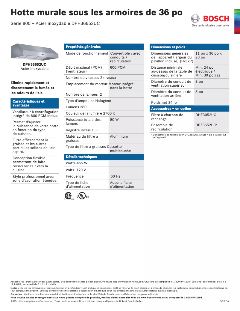 Page 1 of the manual Technical Sheet Bosch 800 Series DPH36652UC