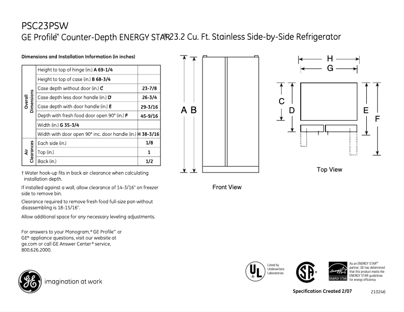 Page n°1 - Fiche technique GE PSC23PSWSS
