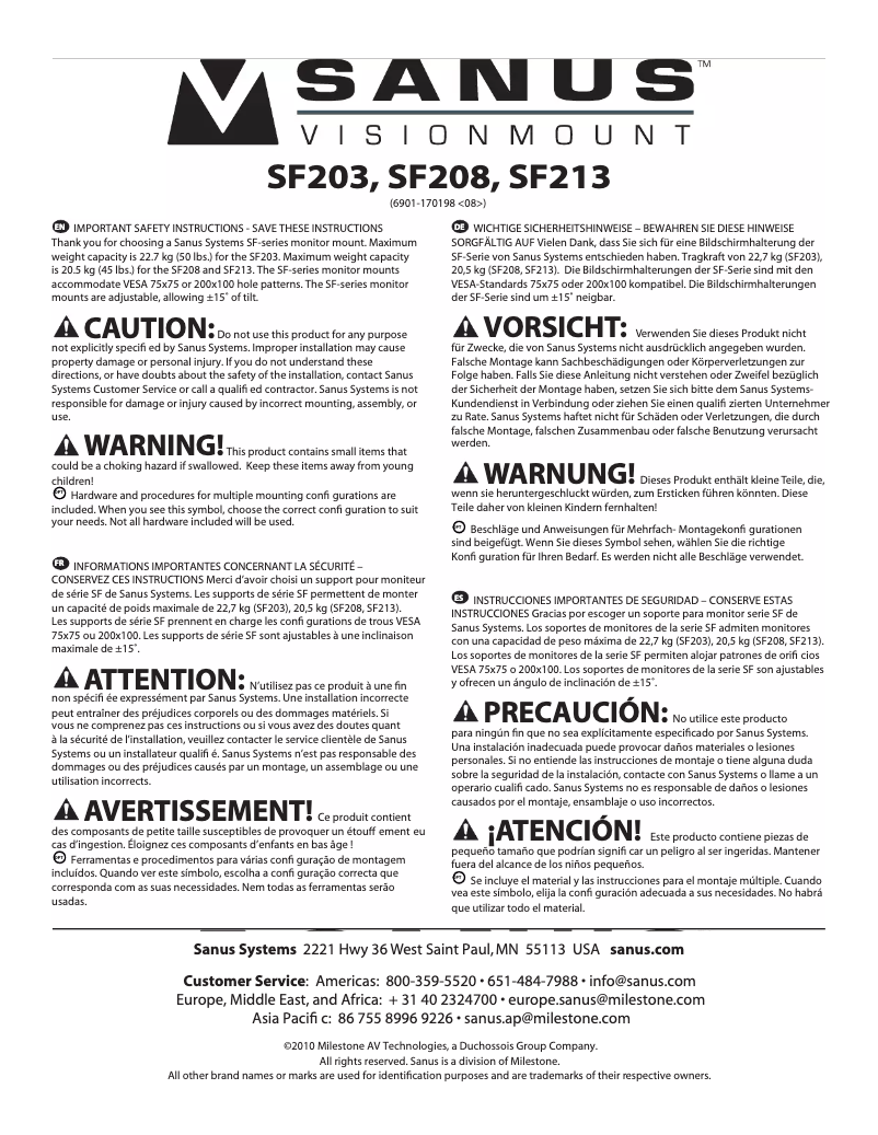 Page 1 de la notice Manuel utilisateur Sanus VisionMount SF213