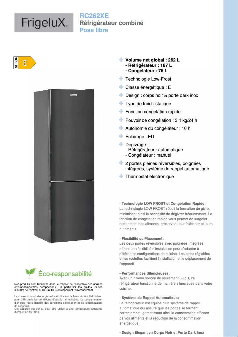 Página 1 del manual Ficha técnica FrigeluX RC262XE