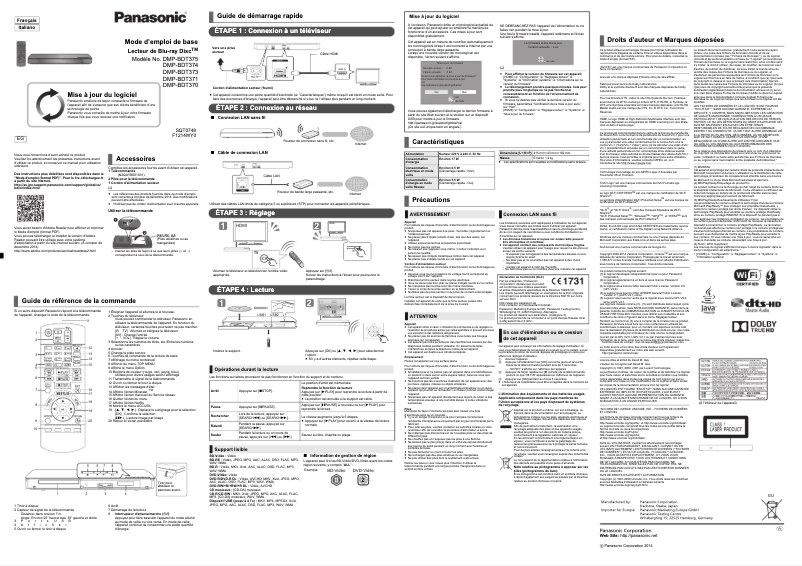 Page 1 de la notice Manuel utilisateur Panasonic DMP-BDT371