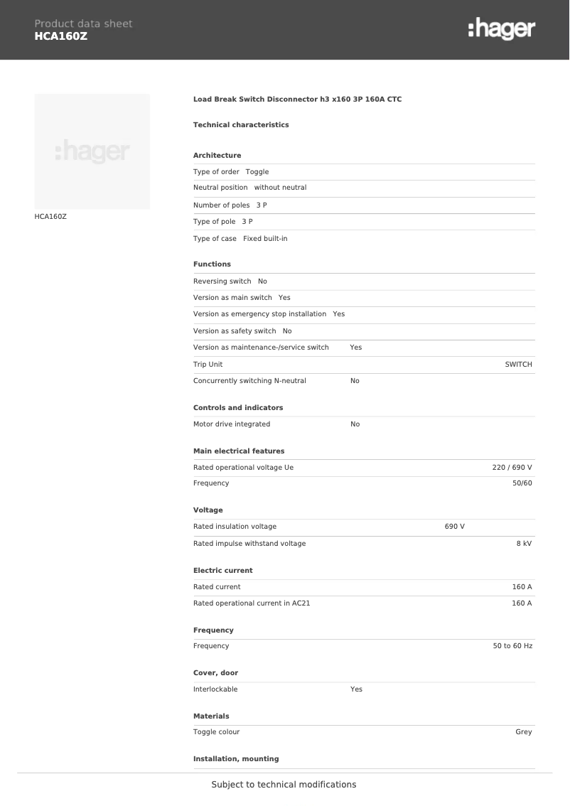 Página 1 del manual Ficha técnica Hager HCA160Z