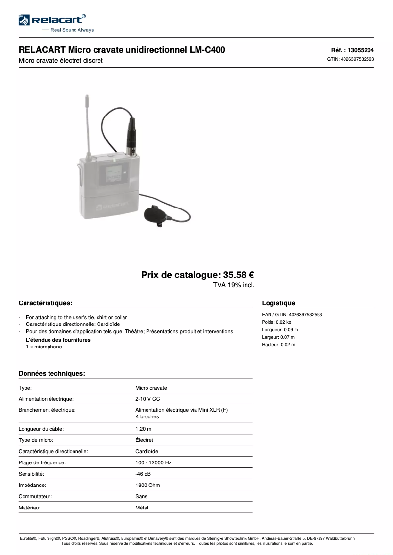 Page 1 de la notice Fiche technique Relacart LM-C400 L