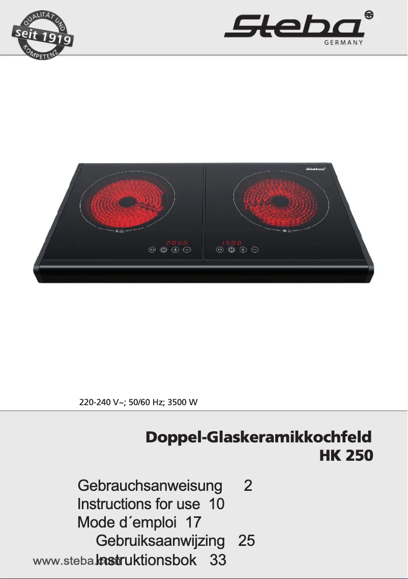 Page 1 de la notice Manuel utilisateur Steba HK 250