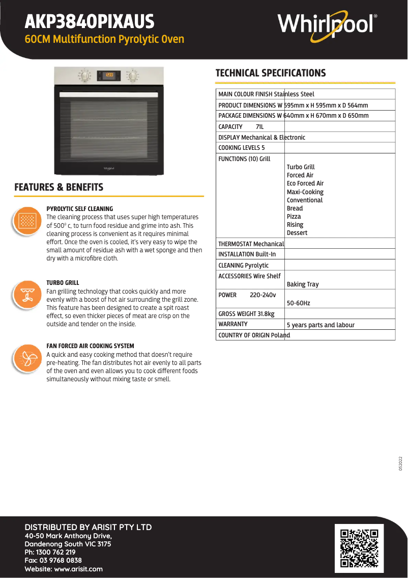 Page 1 de la notice Fiche technique Whirlpool AKP 3840 PIX AUS