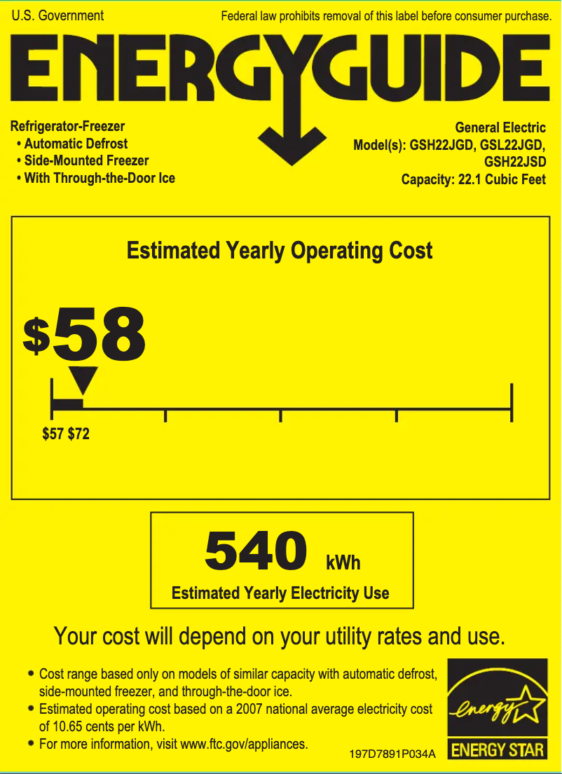 Page 1 de la notice Label énergétique GE GSH22JSDSS