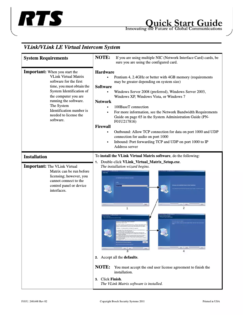 Page 1 de la notice Guide de démarrage rapide RTS VLink Lite