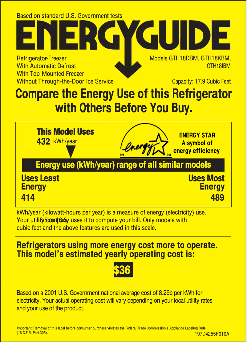 Página 1 del manual Etiqueta energética GE GTH18DBMLCC