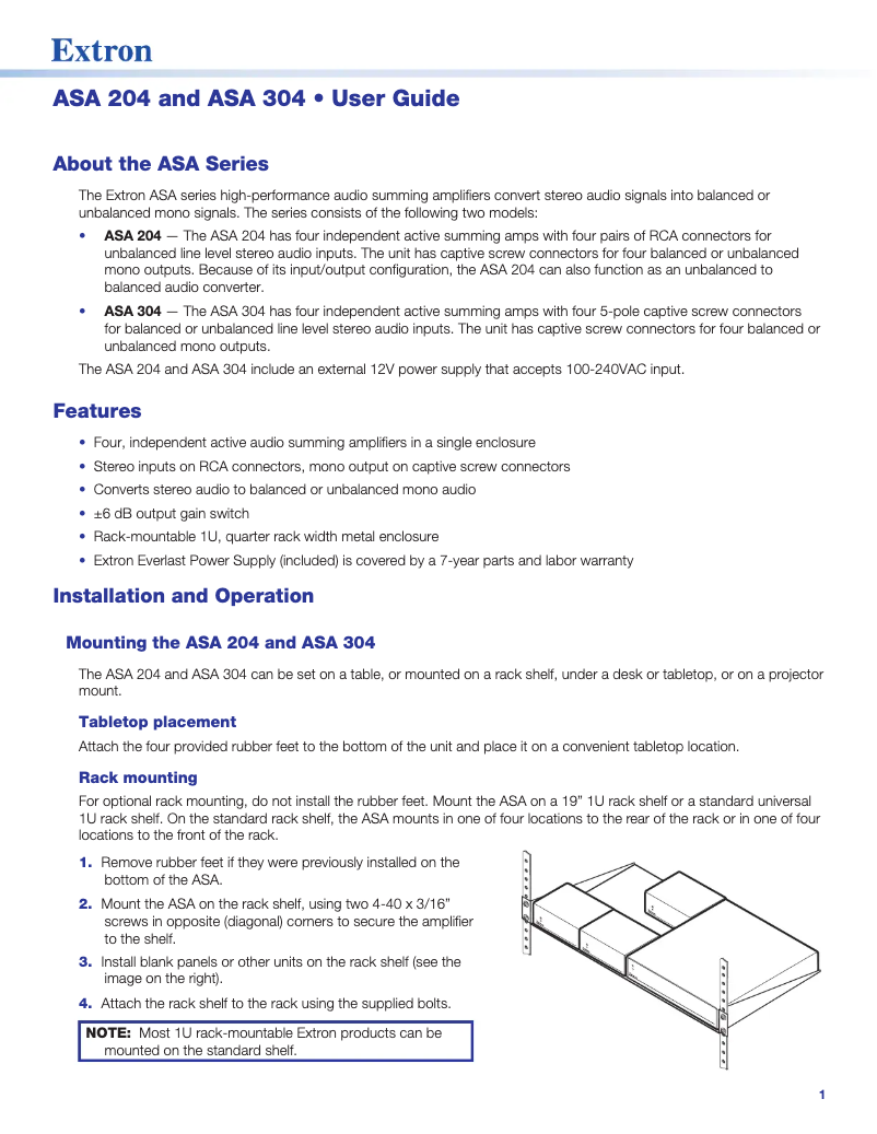 Page 1 de la notice Manuel utilisateur Extron ASA 304
