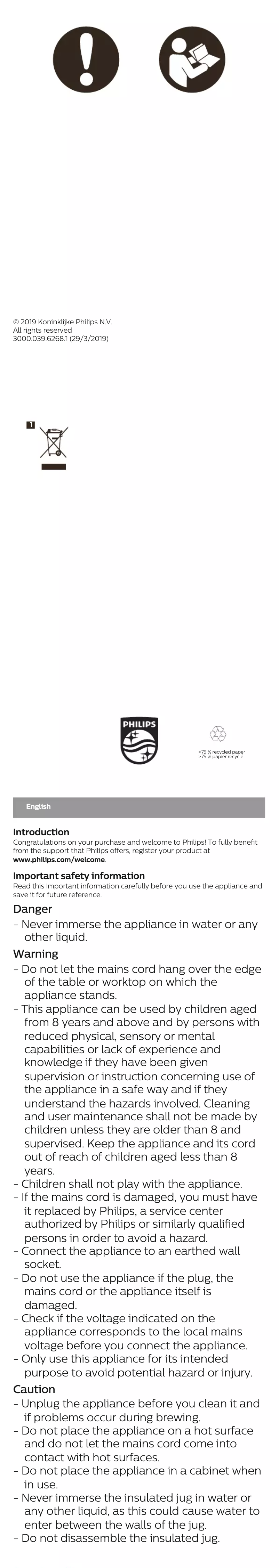 Page 1 de la notice Manuel utilisateur Philips Café Gaia HD7548
