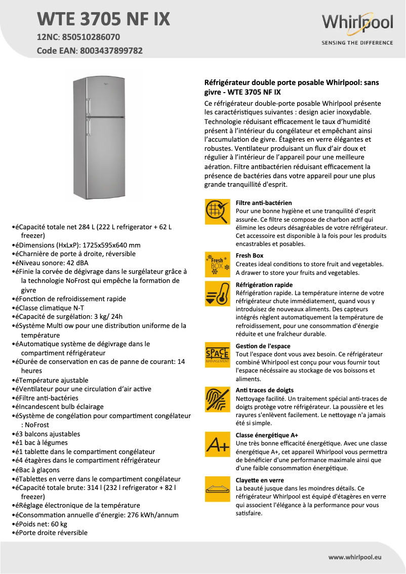 Page 1 de la notice Fiche technique Whirlpool WTE 3705 NF IX