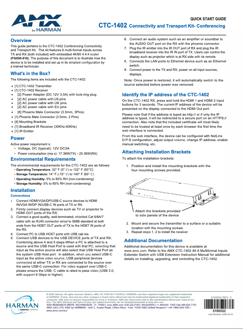 Page 1 de la notice Guide de démarrage rapide AMX CTC-1402