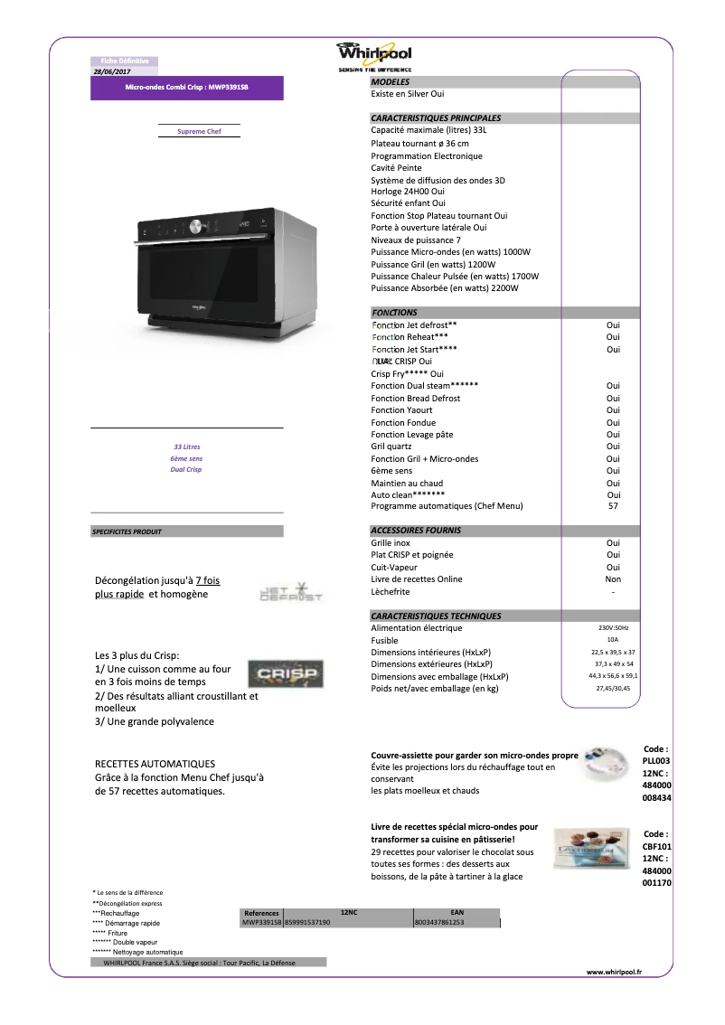 Page 1 de la notice Manuel utilisateur Whirlpool MWP 3391 SB