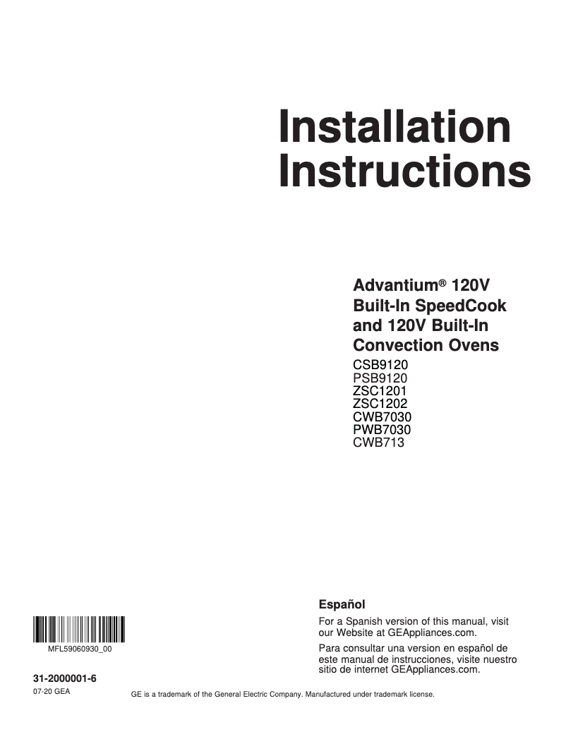Page n°1 - Guide d'installation GE PSB9120EFES