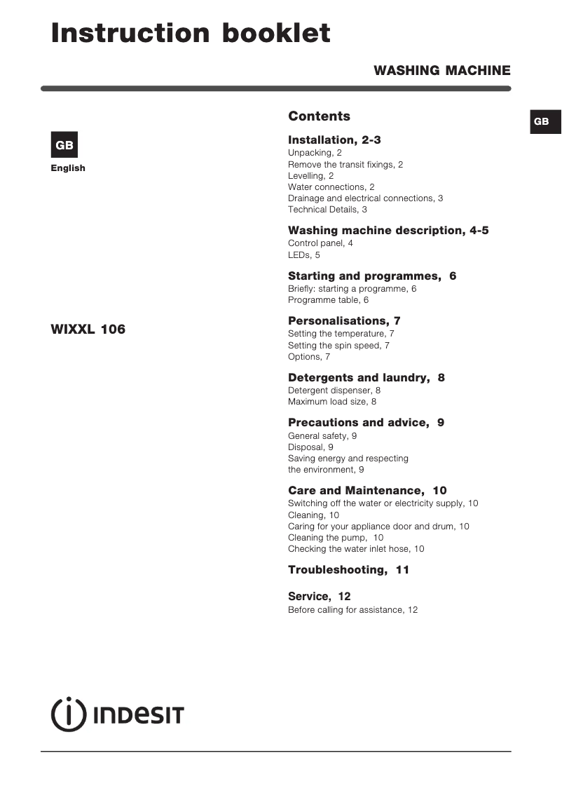 Página 1 del manual Manual de usuario Indesit Maxi WIXXL 106 (EU)