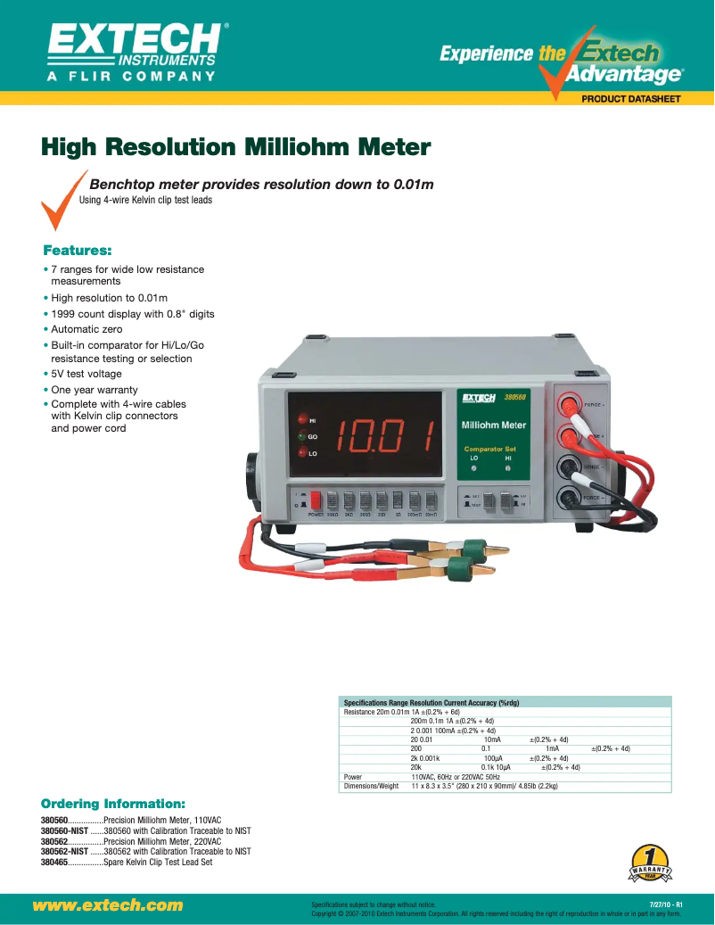 Page 1 de la notice Fiche technique Extech 380560