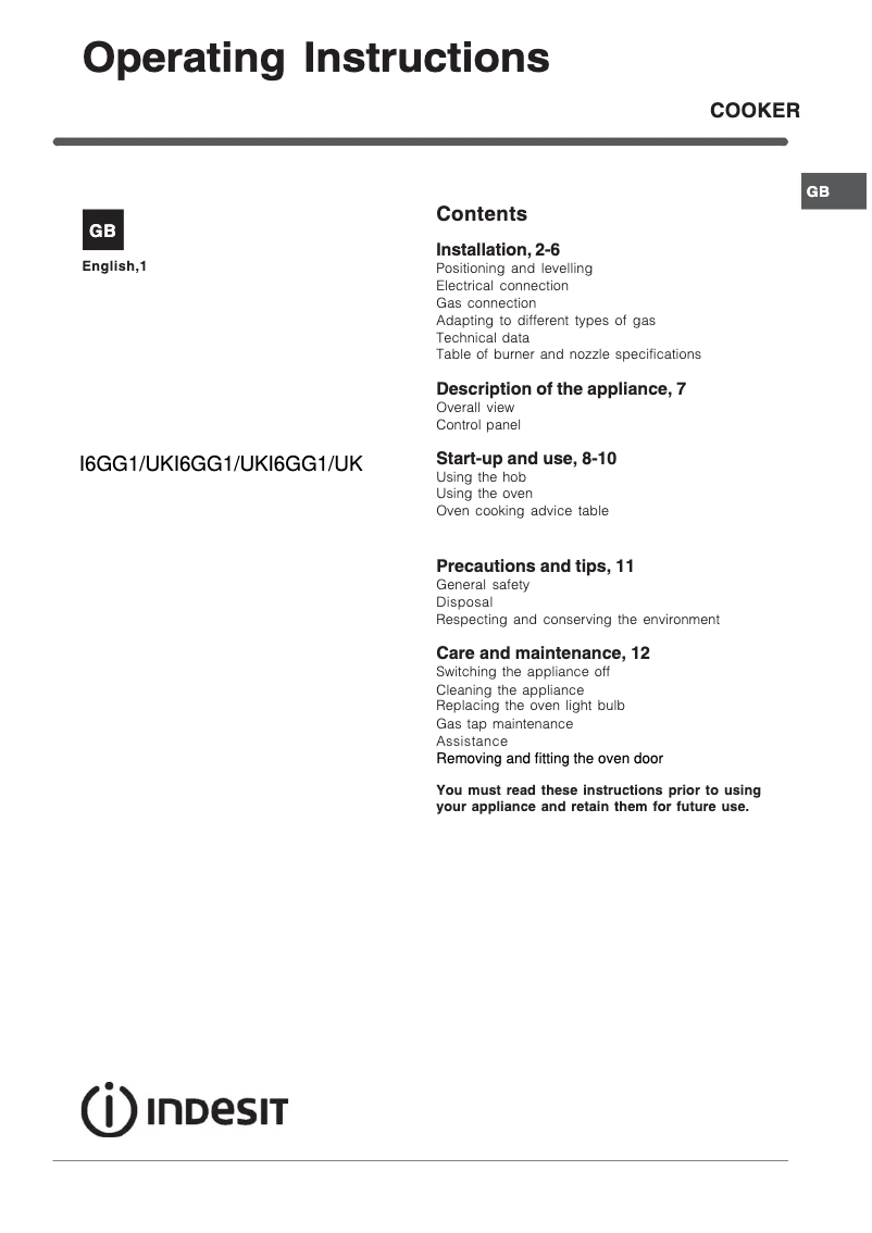 Page 1 de la notice Instructions / montage Indesit I6GG1WUK