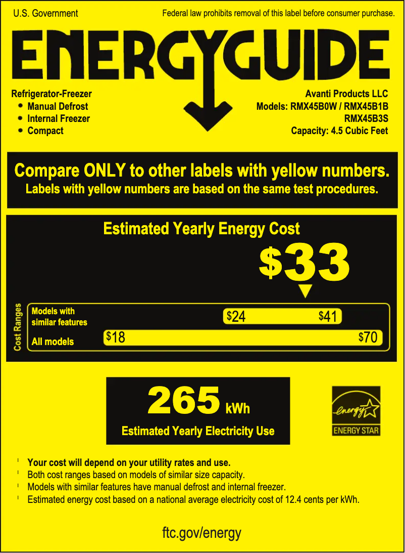 Page 1 de la notice Label énergétique Avanti RMX45B3S