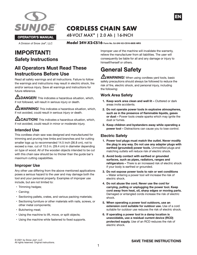 Page 1 de la notice Manuel utilisateur Sun Joe 24V-X2-CS16-CT