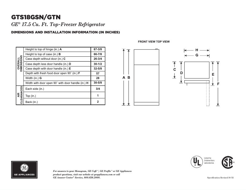 Page 1 of the manual Technical Sheet GE GTS18GTNRWW
