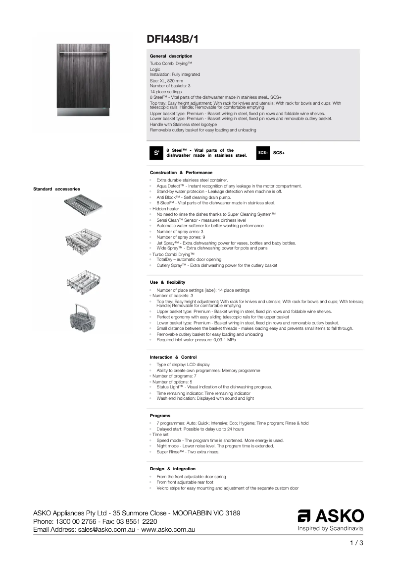 Page 1 de la notice Fiche technique Asko DFI 443 B