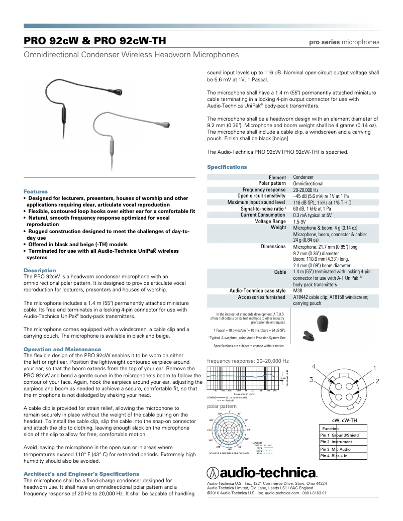 Page 1 de la notice Manuel utilisateur Audio-Technica Pro 92cW