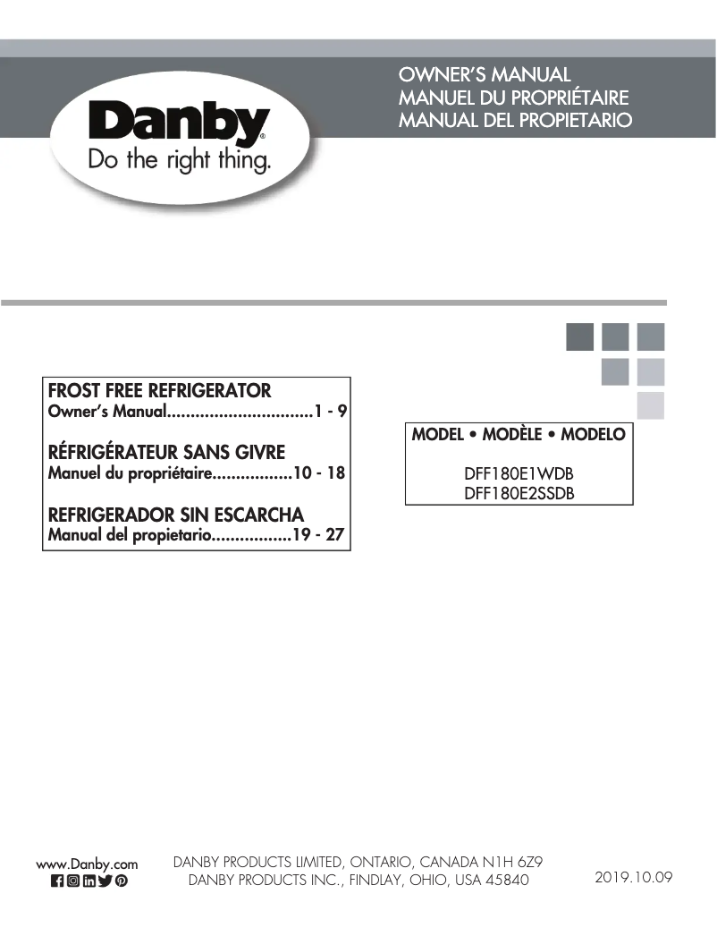 Page 1 de la notice Manuel utilisateur Danby DFF180E2SSDB
