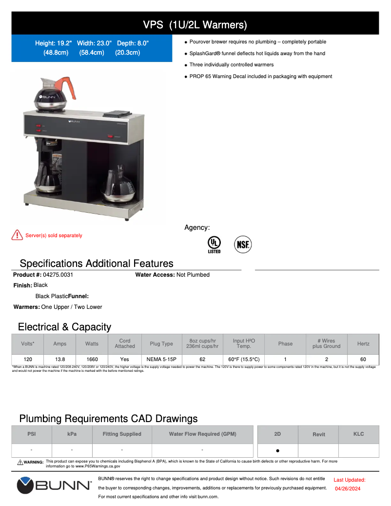 Page 1 de la notice Manuel utilisateur Bunn 04275.0031